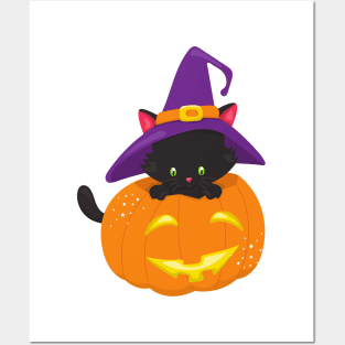 Halloween Cat, Black Cat, Witch Hat, Pumpkin Posters and Art